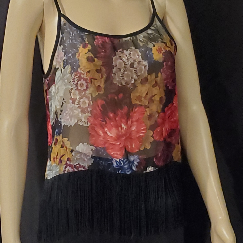 Wet Seal Black Floral Sheer Tank w/Fringe